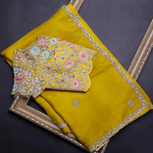 Load image into Gallery viewer, Yellow Organza Saree with Heavy Embroidery work and Unstitched Blouse ClothsVilla