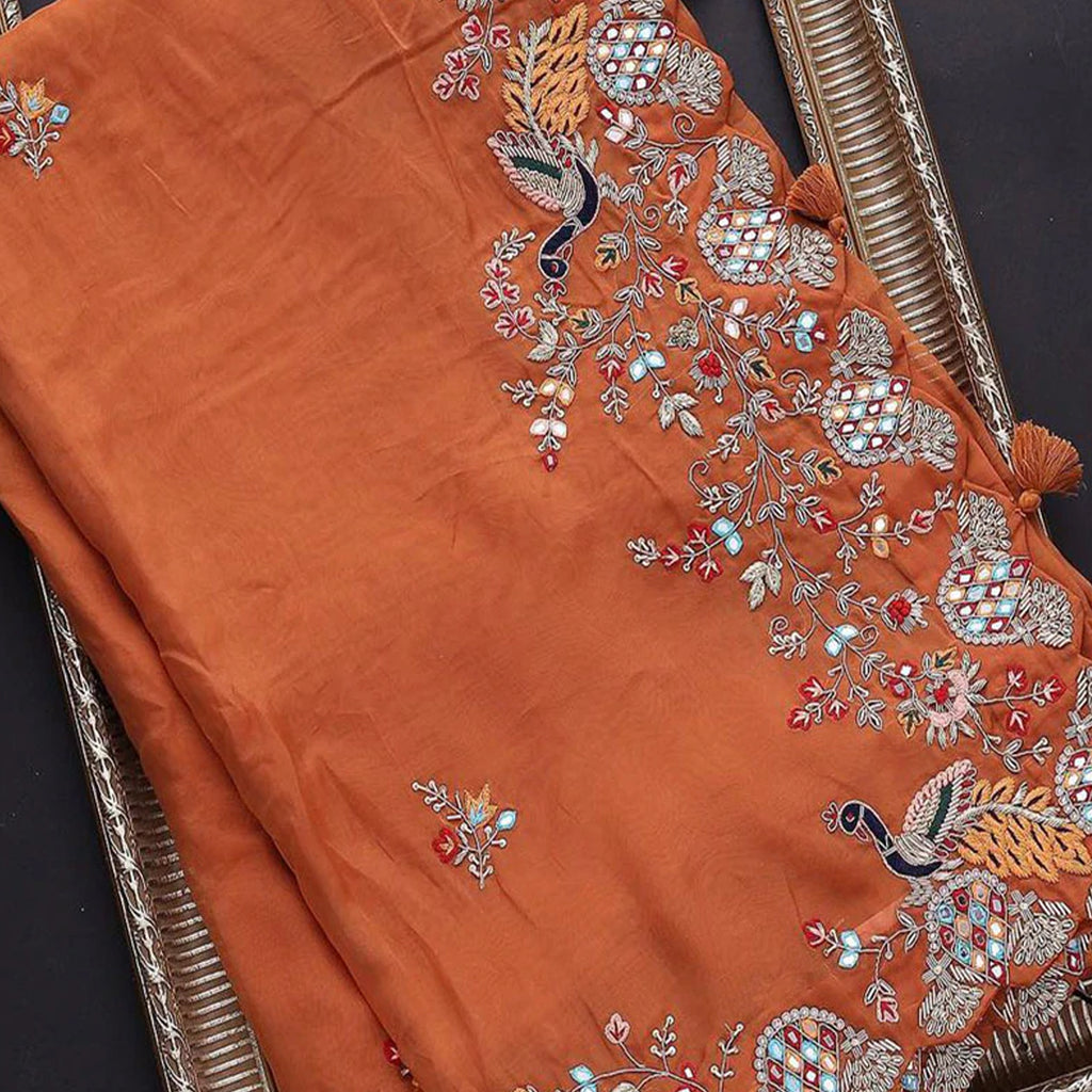 Beautiful Organza Orange Saree with Embroidery work and Contrast matching Mehendi Blouse ClothsVilla