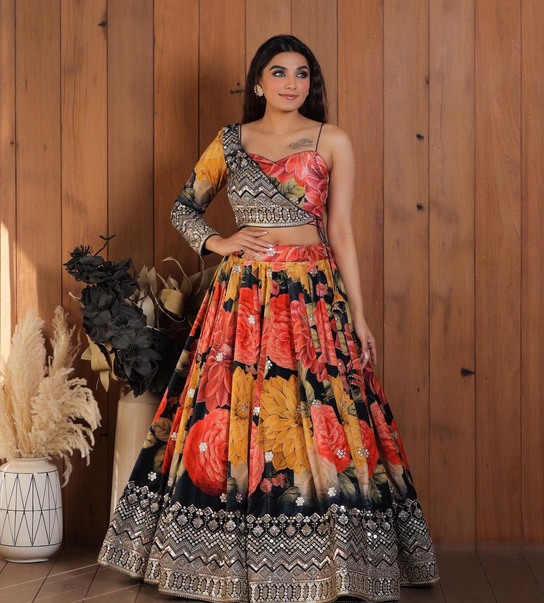 Stylist Multi Color Lehenga Choli With One Side Sleeve Shrug