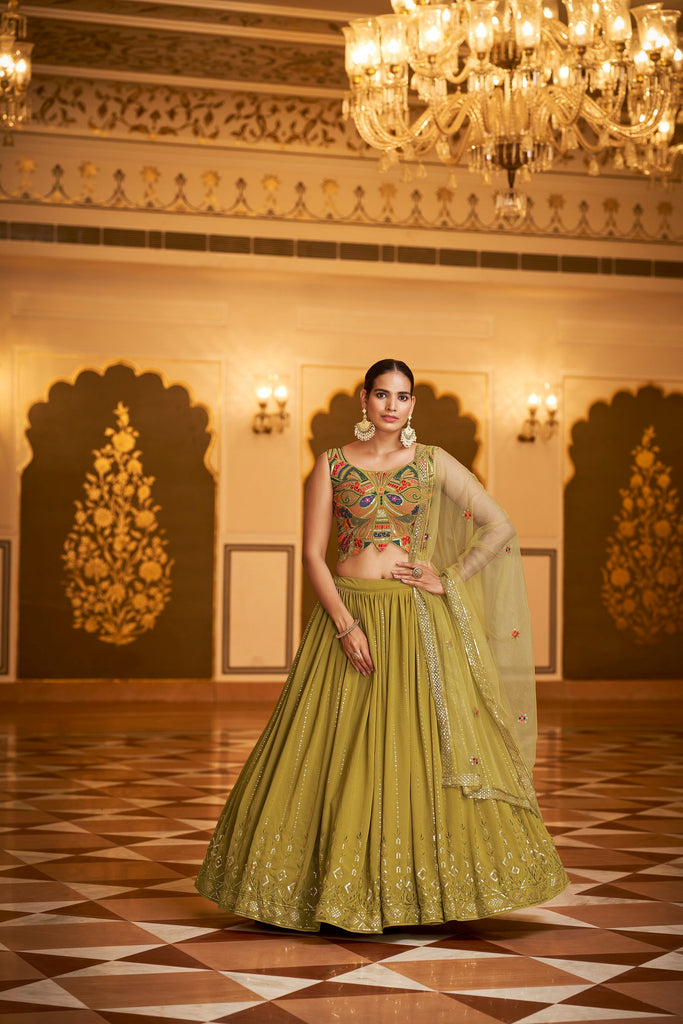 Party Wear Olive Green Color Sequence Embroidered Work Lehenga Choli Clothsvilla