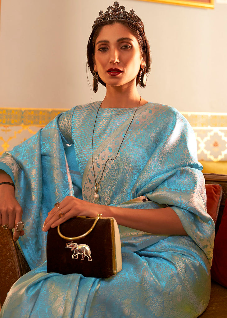 Cyan Blue Designer Satin Silk Saree Clothsvilla