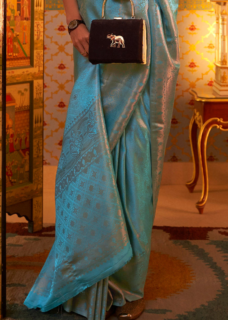 Cyan Blue Designer Satin Silk Saree Clothsvilla