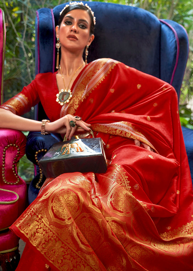 Crimson Red Kanjivaram Silk Saree Woven with Silver & Golden Zari Clothsvilla