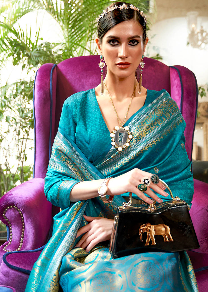 Curious Blue Kanjivaram Silk Saree Woven with Silver & Golden Zari Clothsvilla