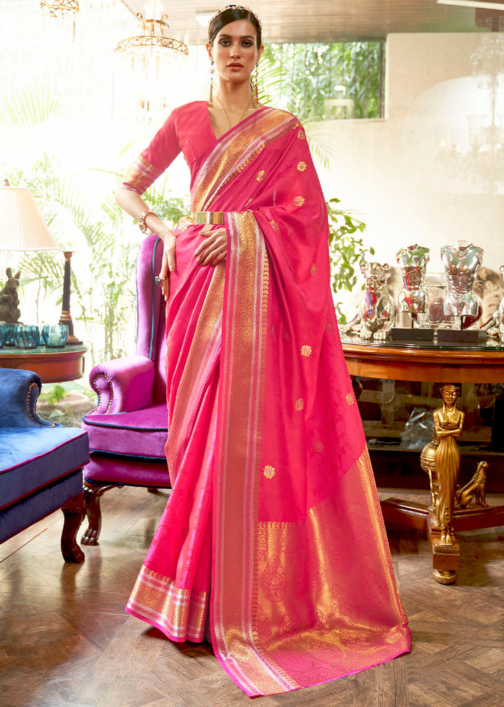 Hot Pink Kanjivaram Silk Saree Woven with Silver & Golden Zari Clothsvilla