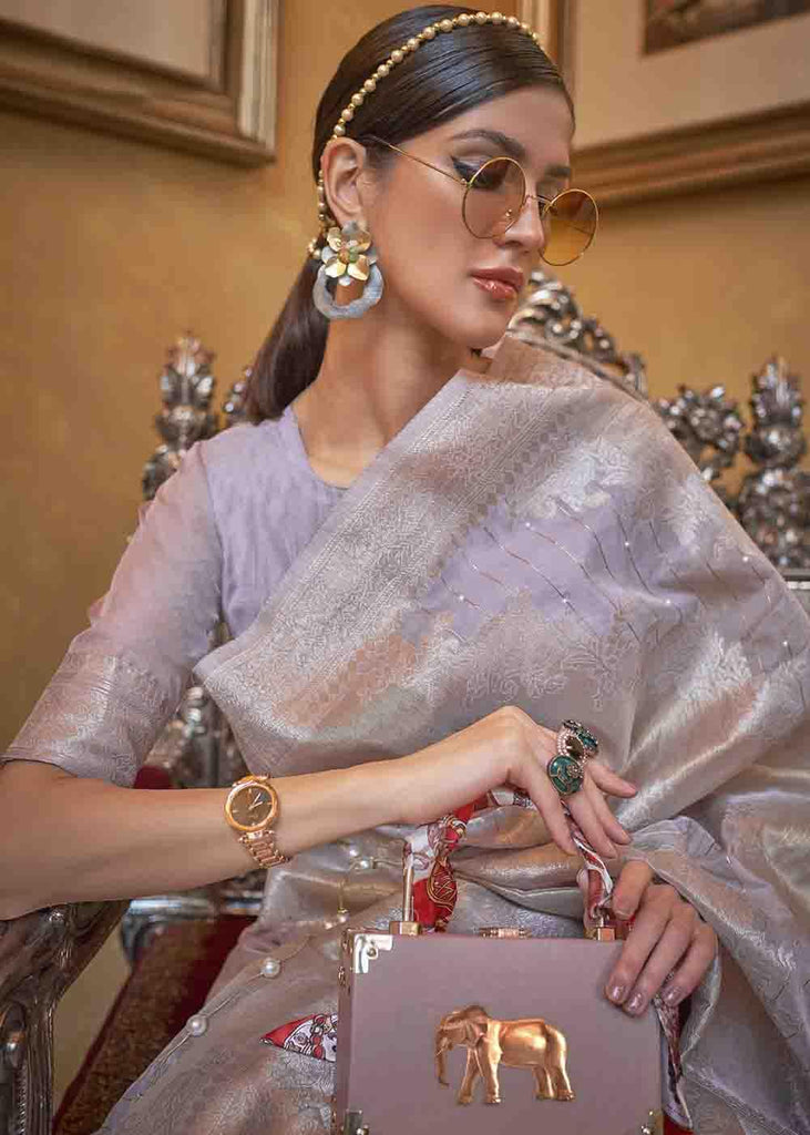 Blueish Grey Woven Banarasi Silk Saree with Sequins work Clothsvilla