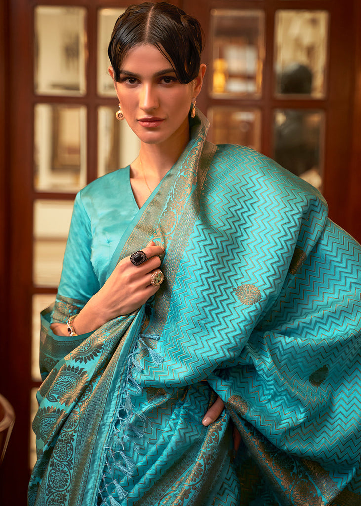 Cerulean Blue Designer Satin Silk Saree Clothsvilla