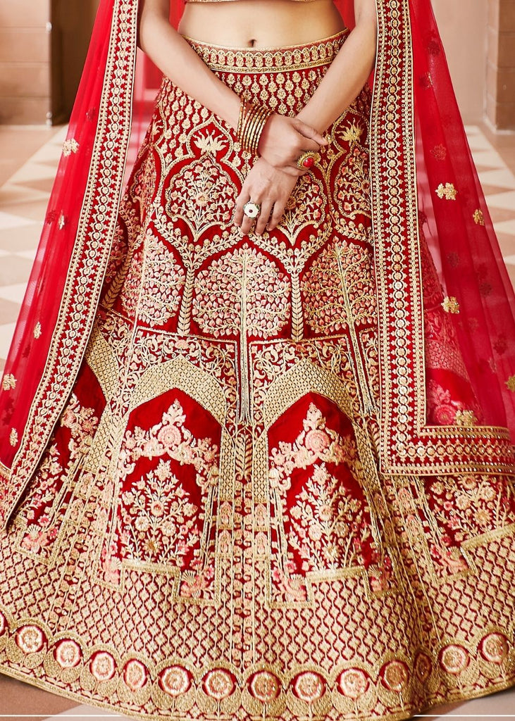 Crimson Red Velvet  Bridal Lehenga Choli with Embroidery & Hand work Clothsvilla