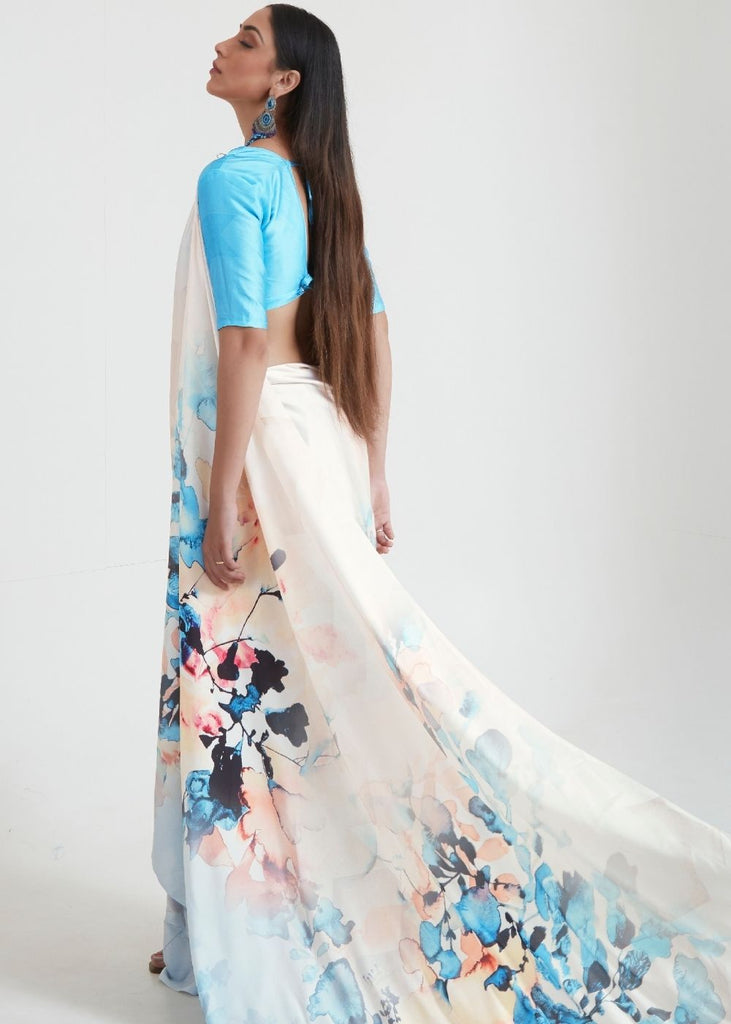 Pearl White & Blue Satin Silk Digital Printed Saree Clothsvilla
