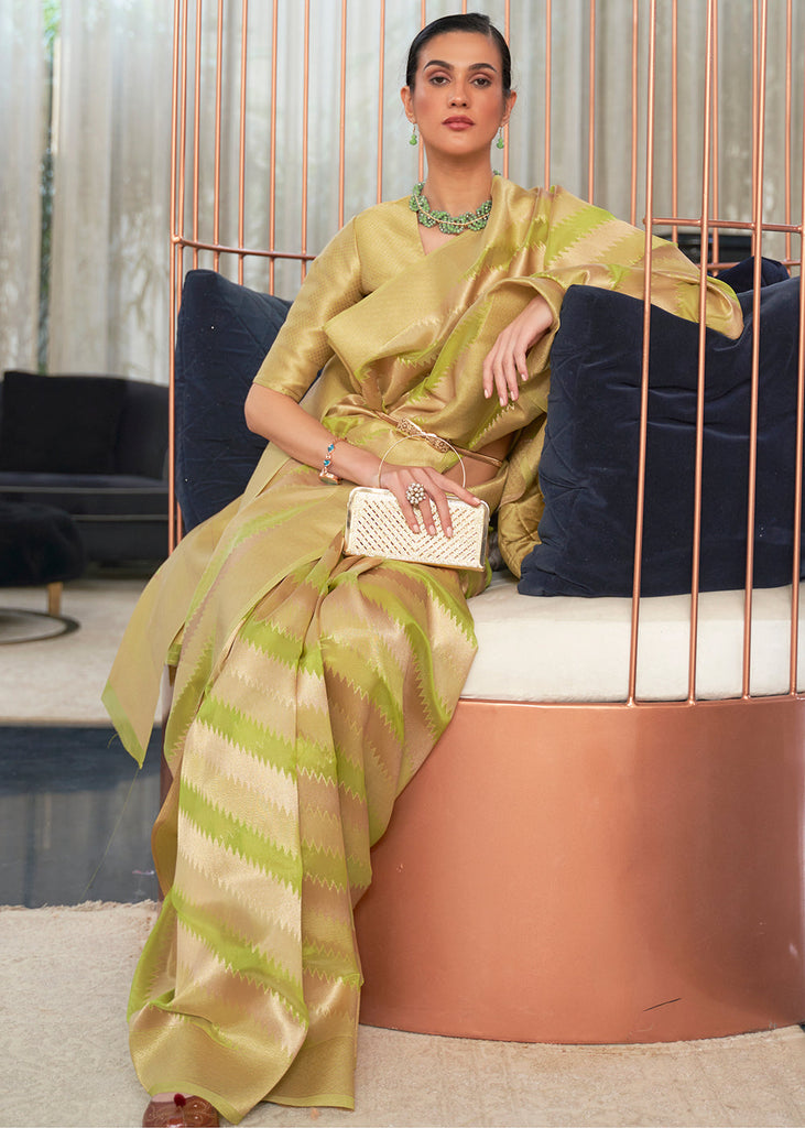Green & Golden Woven Organza Silk Saree Clothsvilla