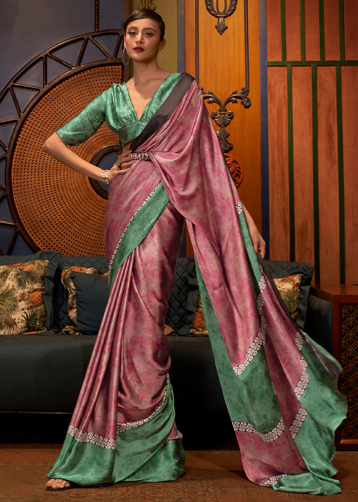 Green & Pink Designer Satin Crepe Printed Saree Clothsvilla
