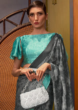 Load image into Gallery viewer, Grey &amp; Blue Designer Satin Crepe Printed Saree Clothsvilla
