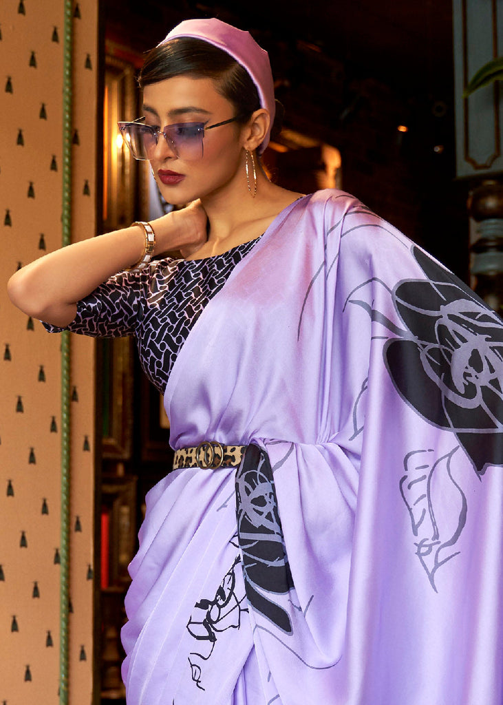 Heliotrope Purple Designer Satin Crepe Printed Saree Clothsvilla