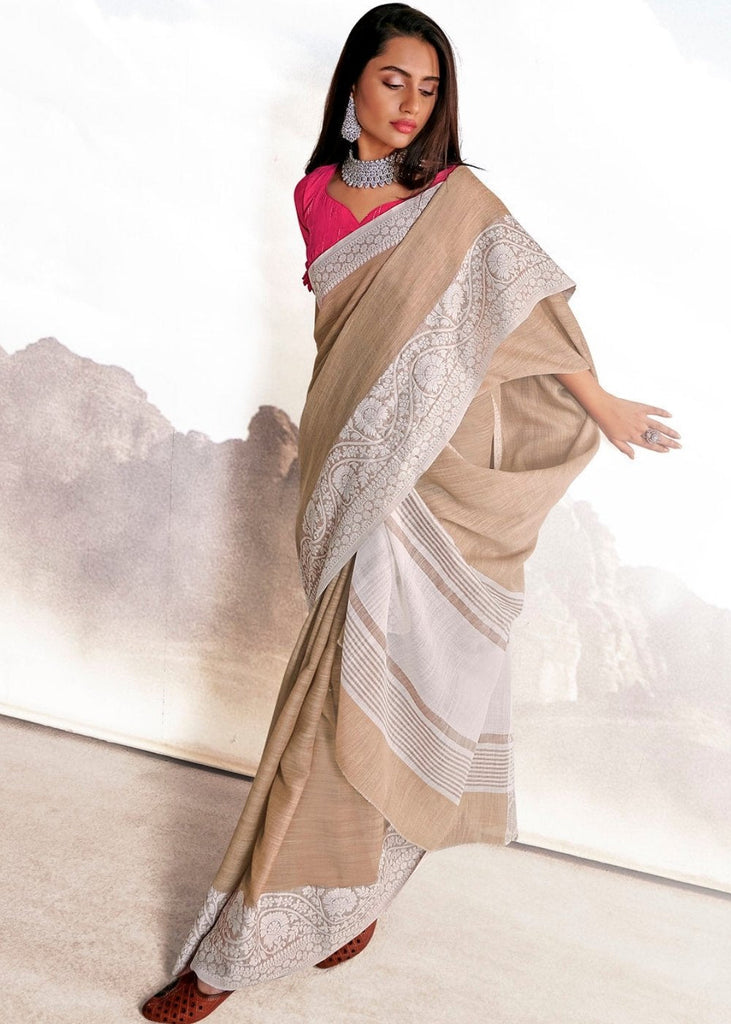 Umber Brown Soft Linen Silk Saree with Lucknowi work and Sequence Blouse Clothsvilla