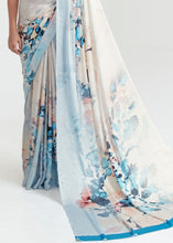 Load image into Gallery viewer, Pearl White &amp; Blue Satin Silk Digital Printed Saree Clothsvilla