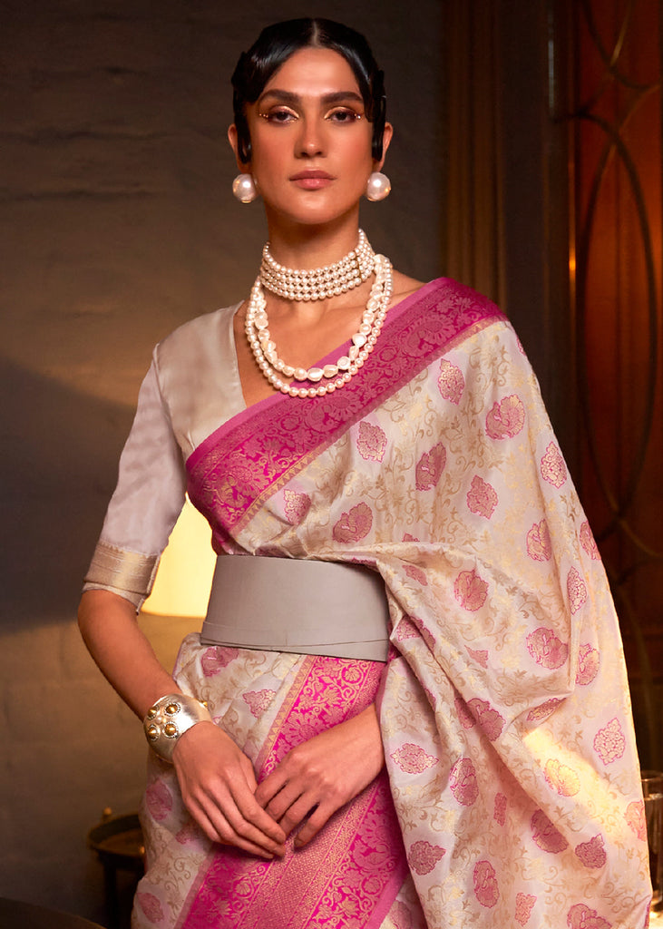 White & Pink Zari Woven Soft Silk Saree Clothsvilla