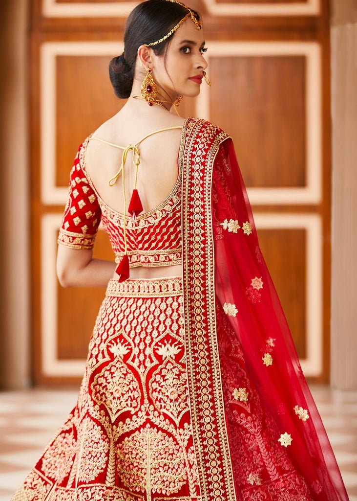 Crimson Red Velvet  Bridal Lehenga Choli with Embroidery & Hand work Clothsvilla