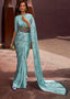 Frost Blue Floral Printed Satin Crepe Saree Clothsvilla