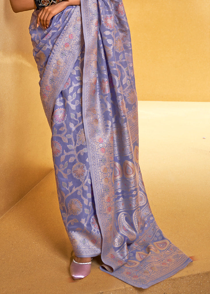 Crocus Purple Lucknowi Chikankari Weaving Silk Saree Clothsvilla
