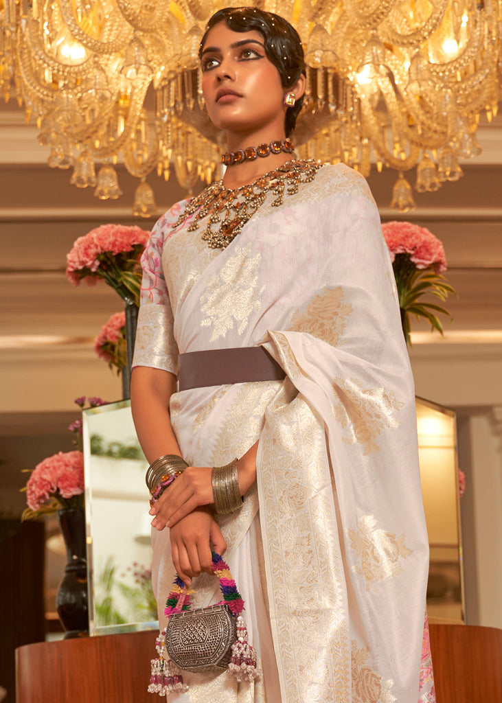 Pearl White Handloom Woven Silk Saree with Kashmiri Pallu Clothsvilla