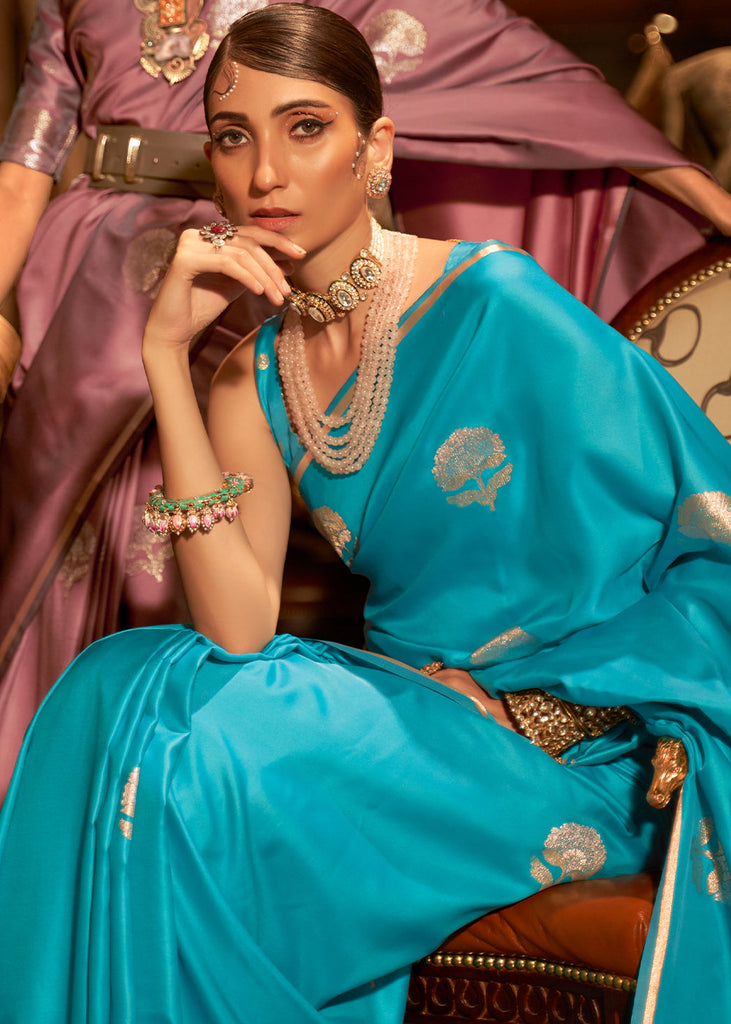 Cyan Blue Zari Woven Satin Silk Saree Clothsvilla