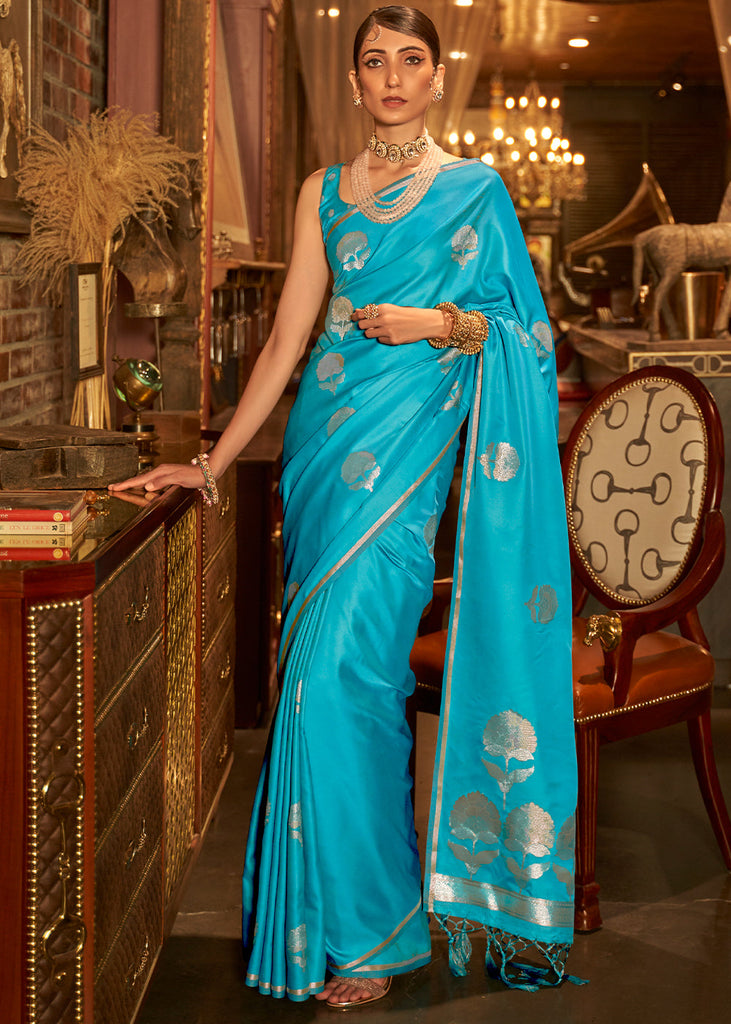 Cyan Blue Zari Woven Satin Silk Saree Clothsvilla