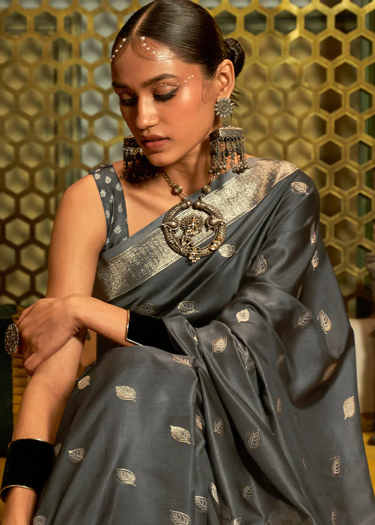 Charcoal Grey Zari Woven Satin Silk Saree Clothsvilla