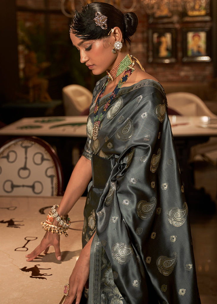 Charcoal Black Handloom Woven Satin Silk Saree Clothsvilla