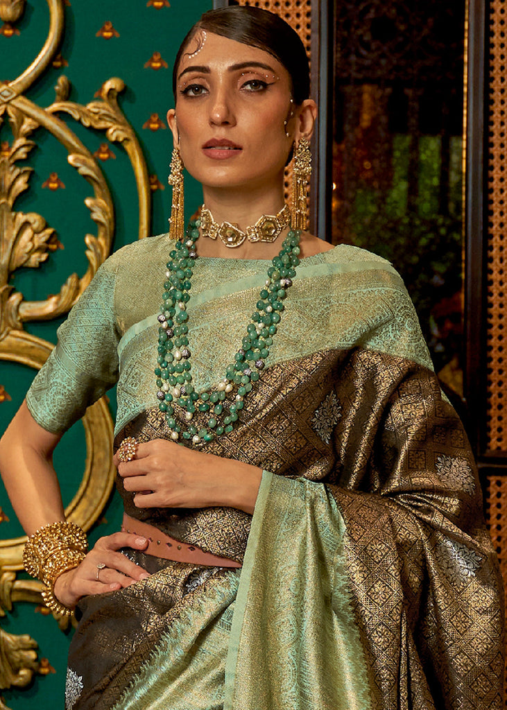 Green & Brown Zari Woven Silk Saree with Tassels on Pallu Clothsvilla