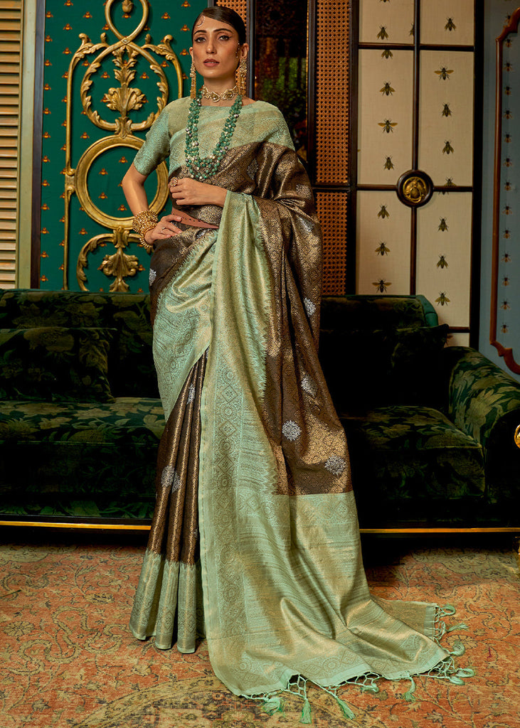Green & Brown Zari Woven Silk Saree with Tassels on Pallu Clothsvilla