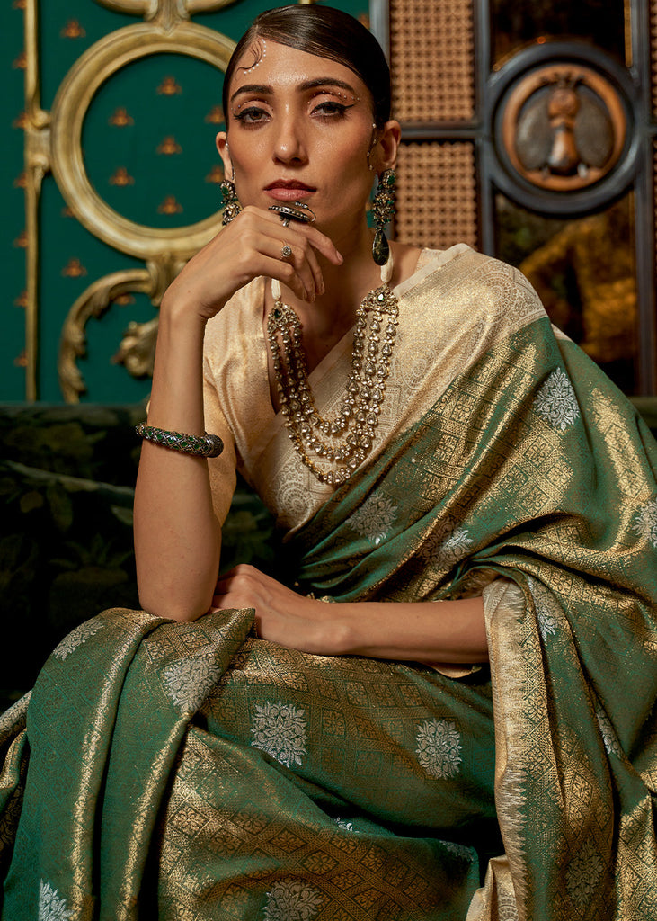 Green & Golden Zari Woven Silk Saree with Tassels on Pallu Clothsvilla