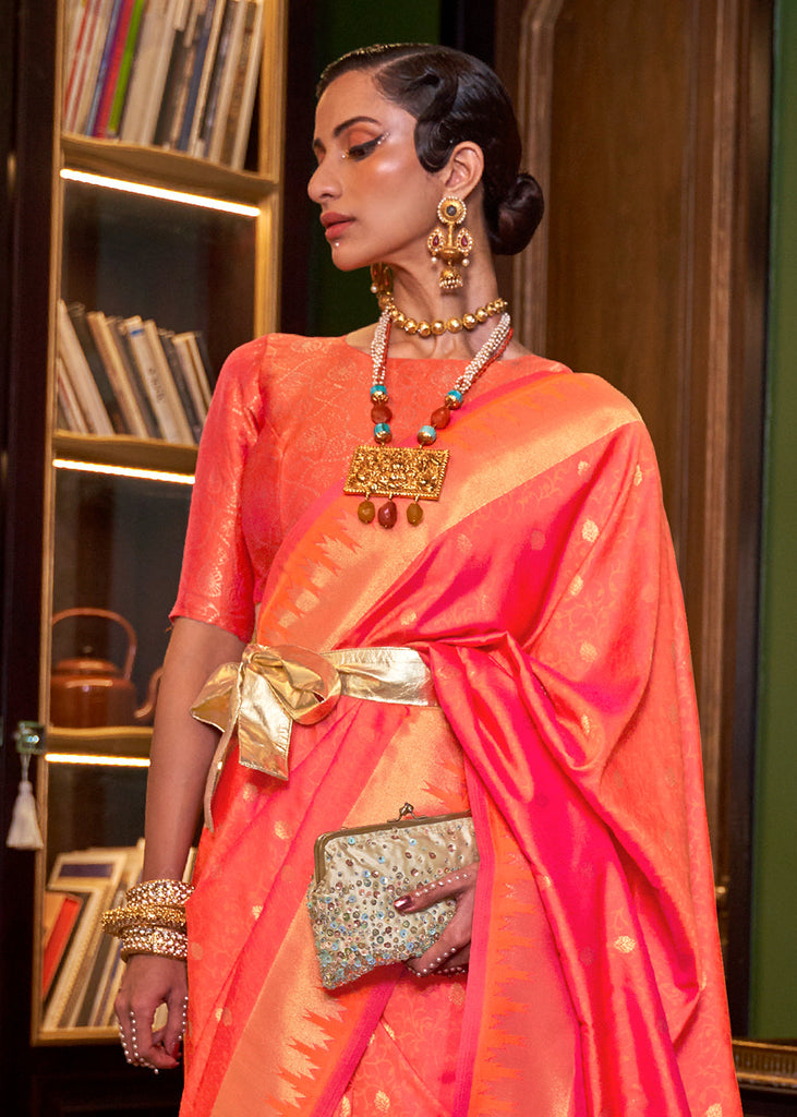 Orange & Pink Handloom Woven Banarasi Silk Saree Clothsvilla