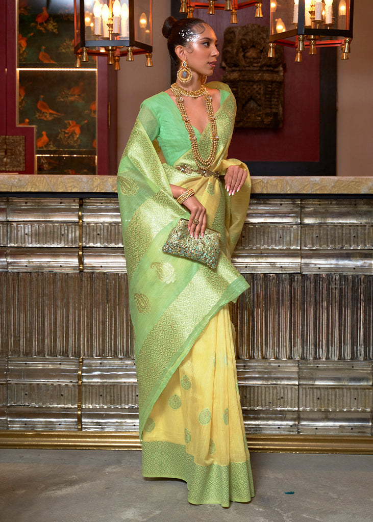 Blonde Yellow Woven Linen Silk Saree with Contrast Border & Pallu Clothsvilla
