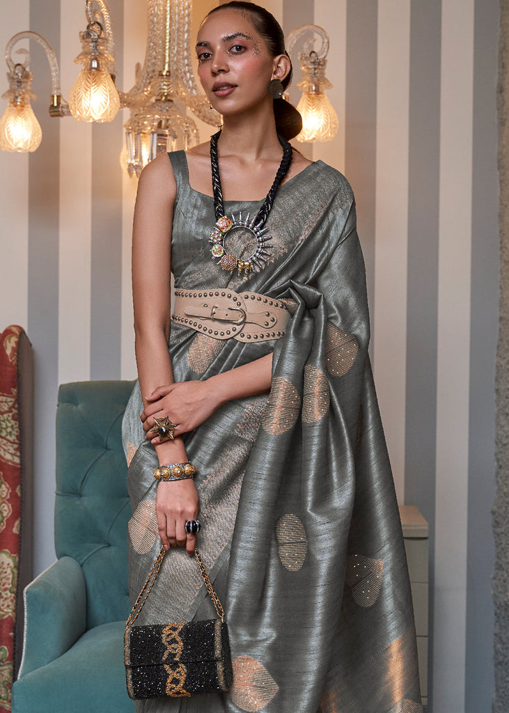 Steel Grey Copper Zari Woven Silk Saree with Sequence work Clothsvilla