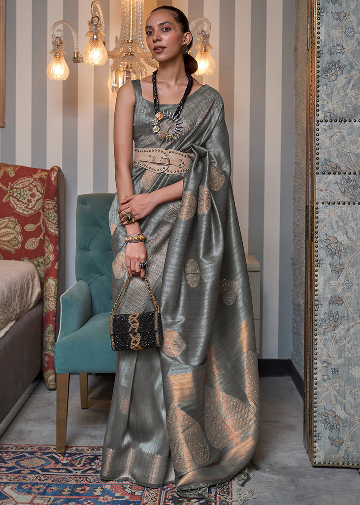 Steel Grey Copper Zari Woven Silk Saree with Sequence work Clothsvilla