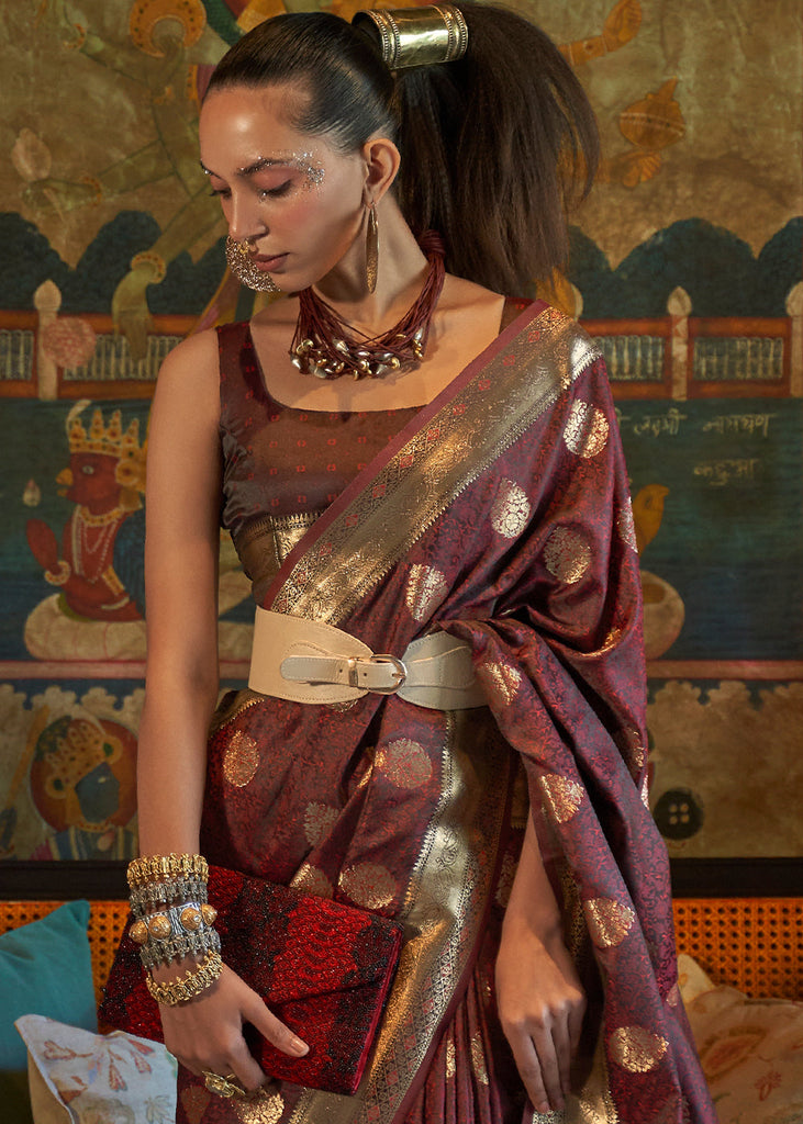Pecan Brown Tanchoi Handloom Woven Satin Silk Saree Clothsvilla