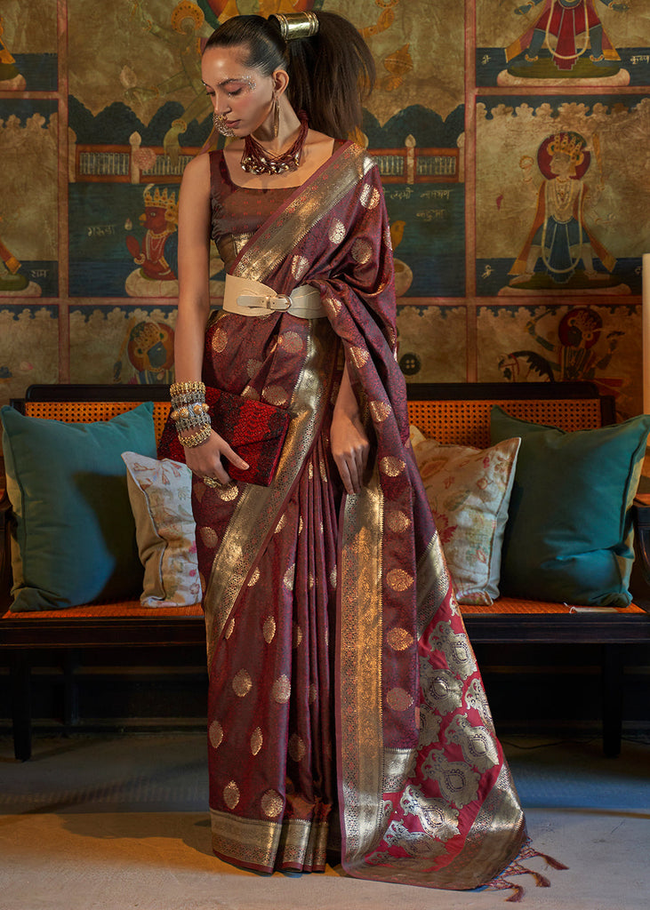 Pecan Brown Tanchoi Handloom Woven Satin Silk Saree Clothsvilla