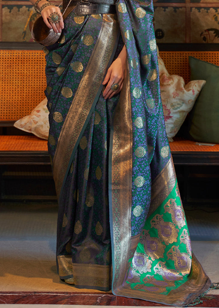 Prussian Blue Tanchoi Handloom Woven Satin Silk Saree Clothsvilla