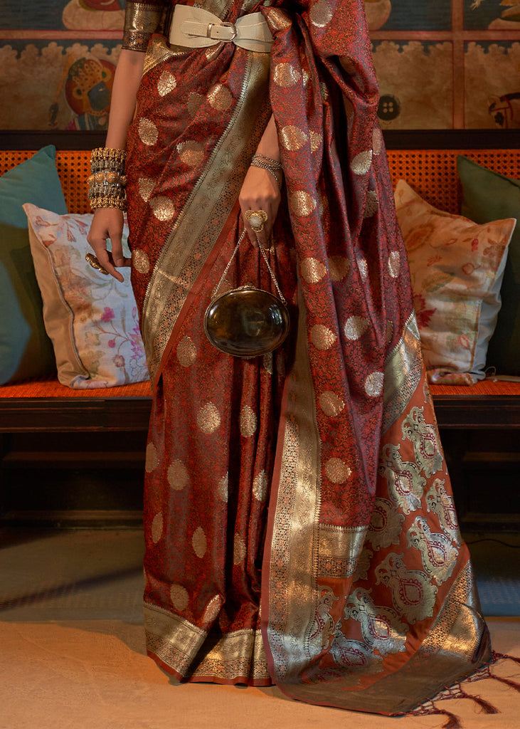 Cinnamon Brown Tanchoi Handloom Woven Satin Silk Saree Clothsvilla