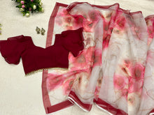 Load image into Gallery viewer, Mesmerizing  Maroon And White Flower Print Organza Silk Saree Clothsvilla