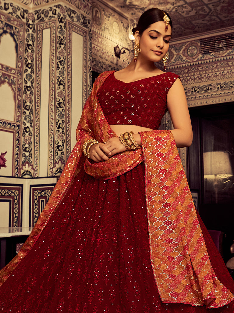 Stylish Maroon Embroidered Georgette Semi Stitched Lehenga With Blouse Piece Clothsvilla