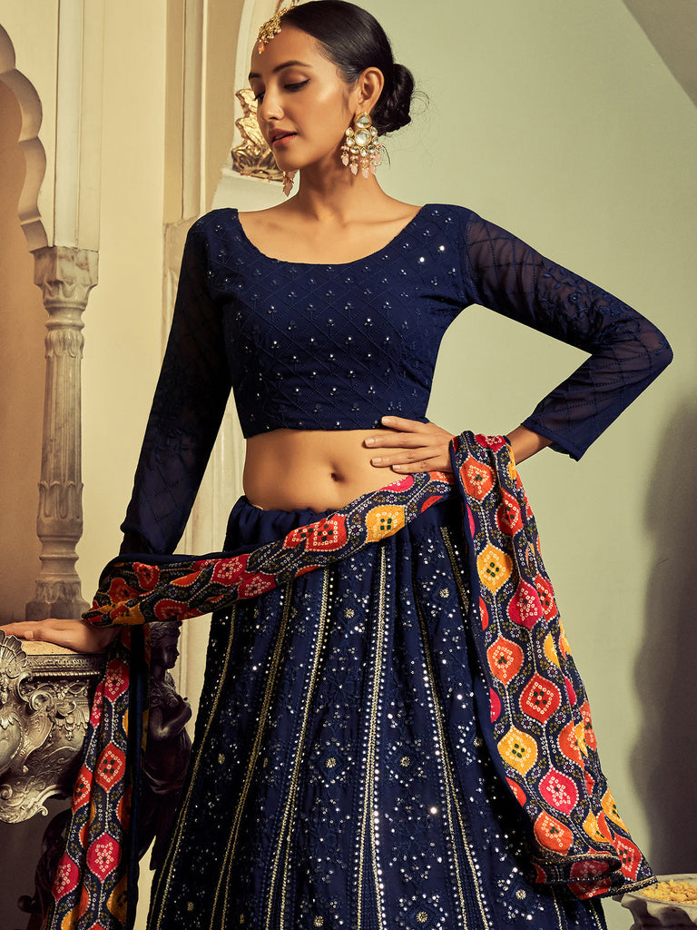 Beautiful Navy Blue Color Georgette Semi Stitched Lehenga With Blouse Piece Clothsvilla