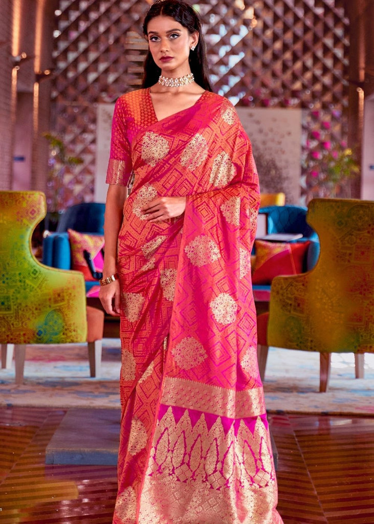Brink Pink Satin Silk Saree with overall Golden Butti Clothsvilla