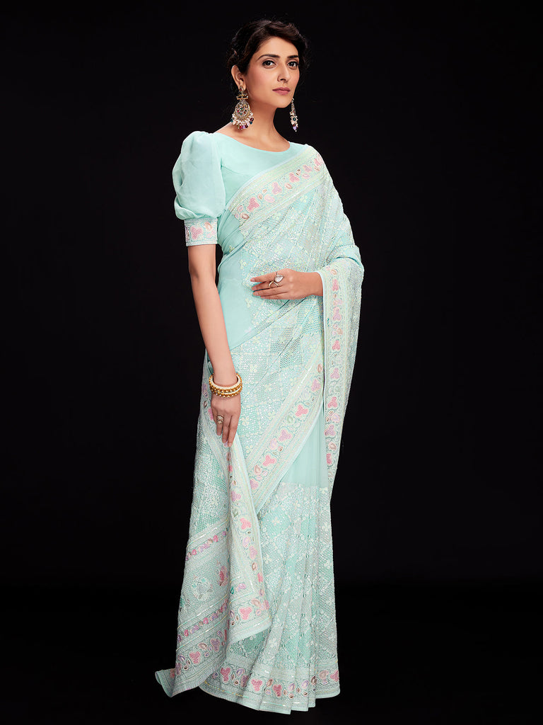 Light Blue Georgette Embellished Saree With Unstitched Blouse Clothsvilla