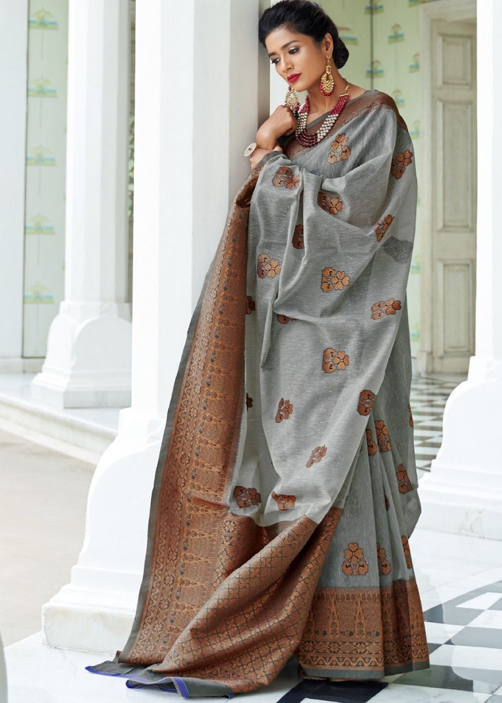 Smoke Grey Woven Linen Silk Saree with Butti overall Clothsvilla
