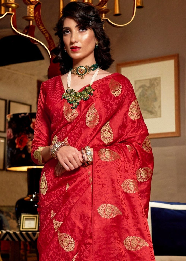 Cherry Red Pure Satin Woven Silk Saree with overall Golden Buti Clothsvilla
