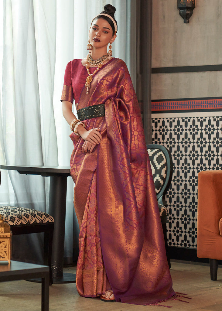 Hibiscus Maroon Red Two Tone Handloom Weaving Banarasi Silk Saree Clothsvilla