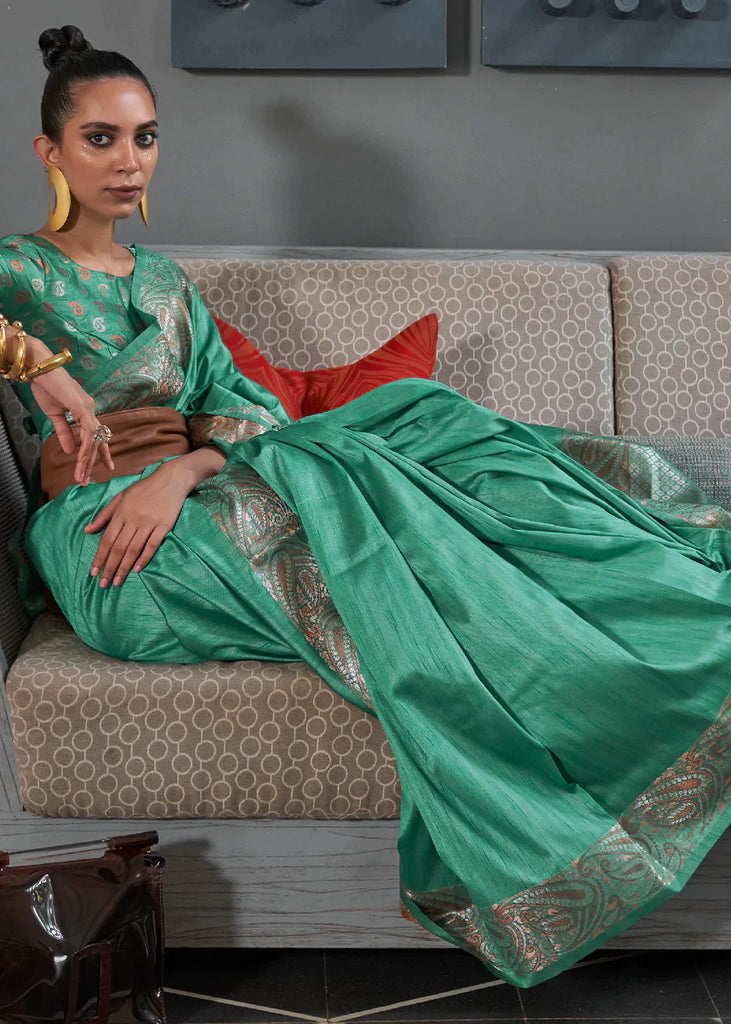 Dark Topaz Green Copper Zari Handloom Weaving Tussar Silk Saree Clothsvilla