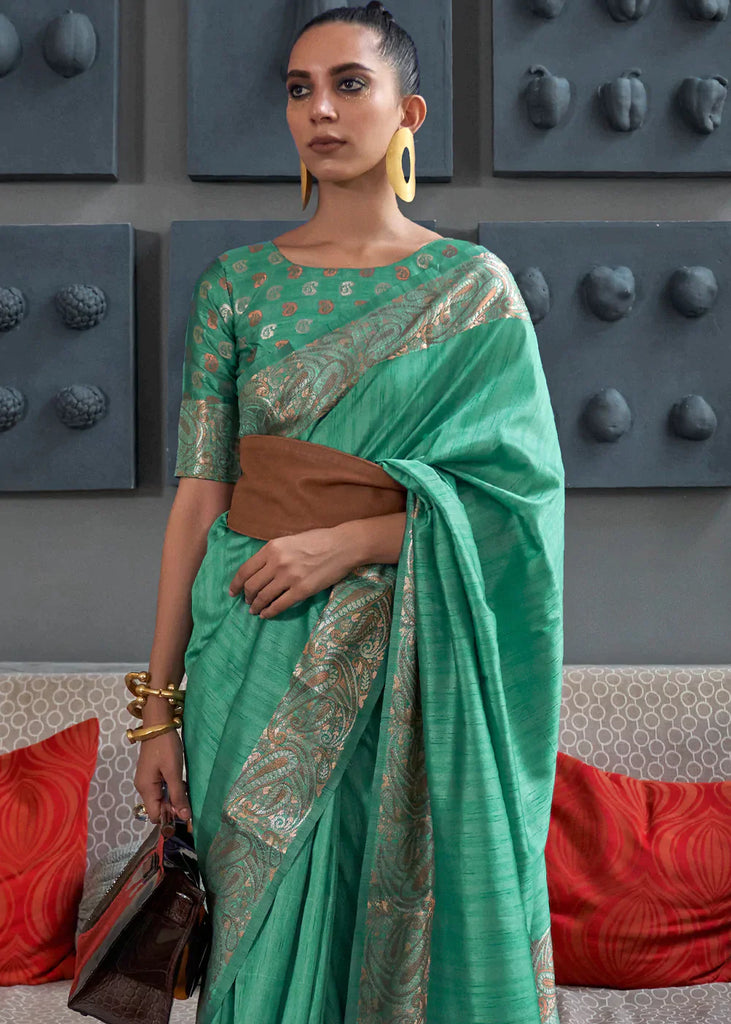 Dark Topaz Green Copper Zari Handloom Weaving Tussar Silk Saree Clothsvilla