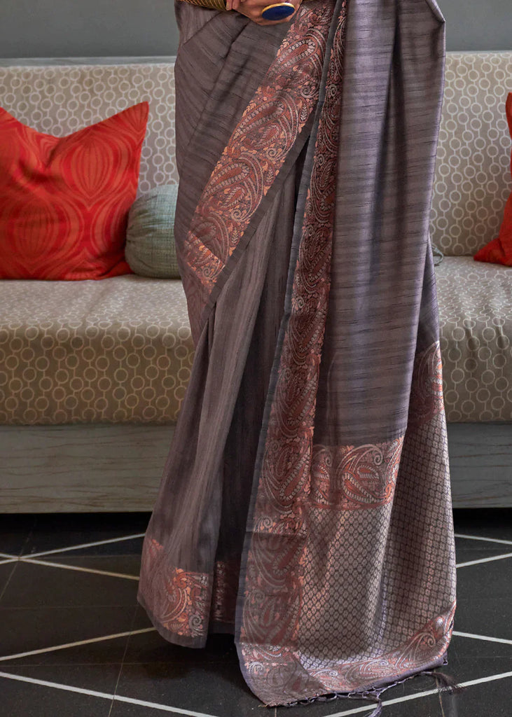 Stormy Grey Copper Zari Handloom Weaving Tussar Silk Saree Clothsvilla
